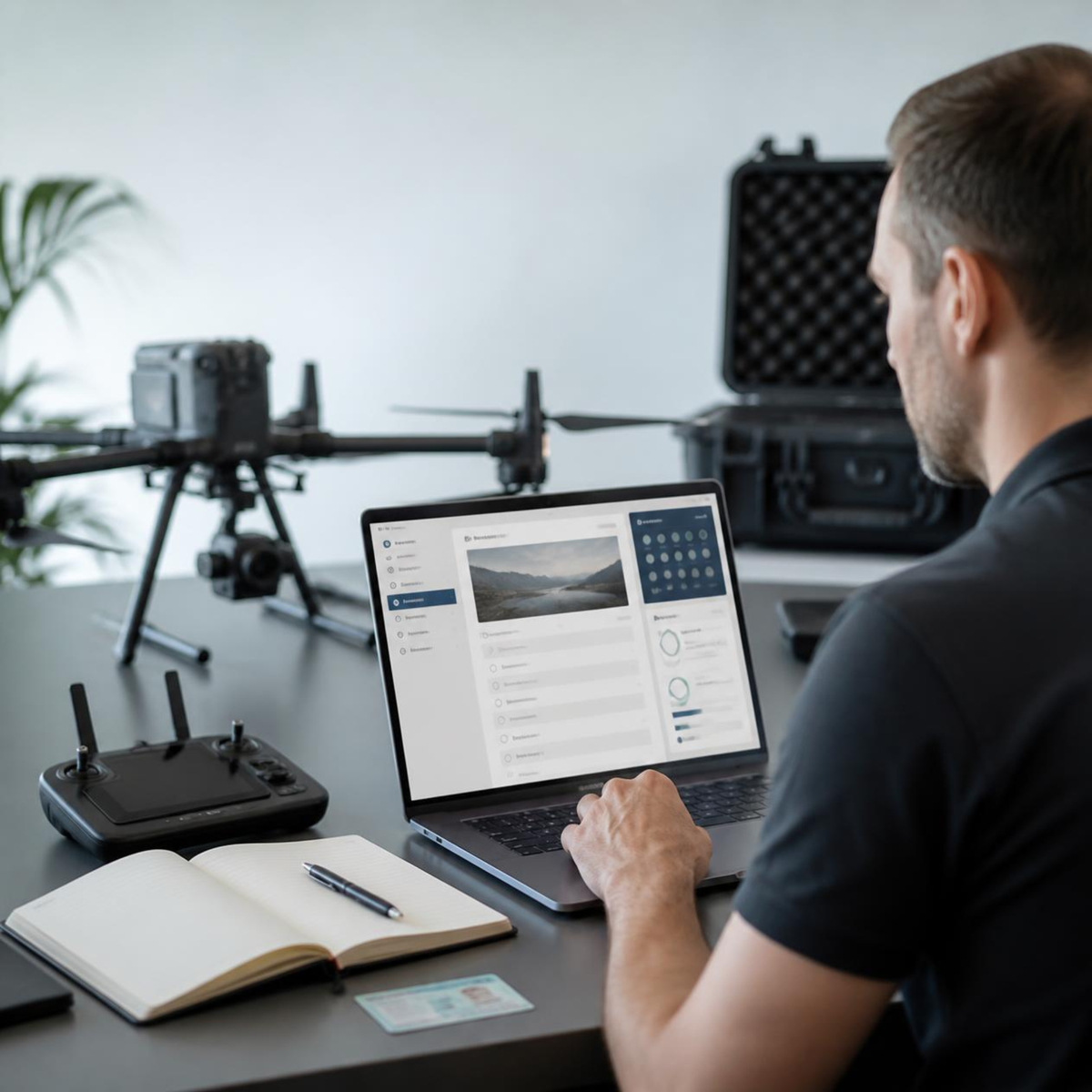 Professioneller Drohnenpilot sitzt am Schreibtisch und klickt sich durch das STS-E-Learning