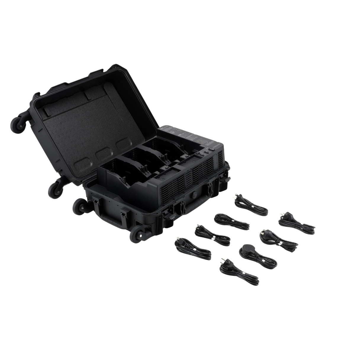 Geöffnete DJI BS100 Akkuladestation mit Ladefächern