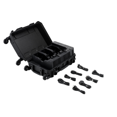 Geöffnete DJI BS100 Akkuladestation mit Ladefächern