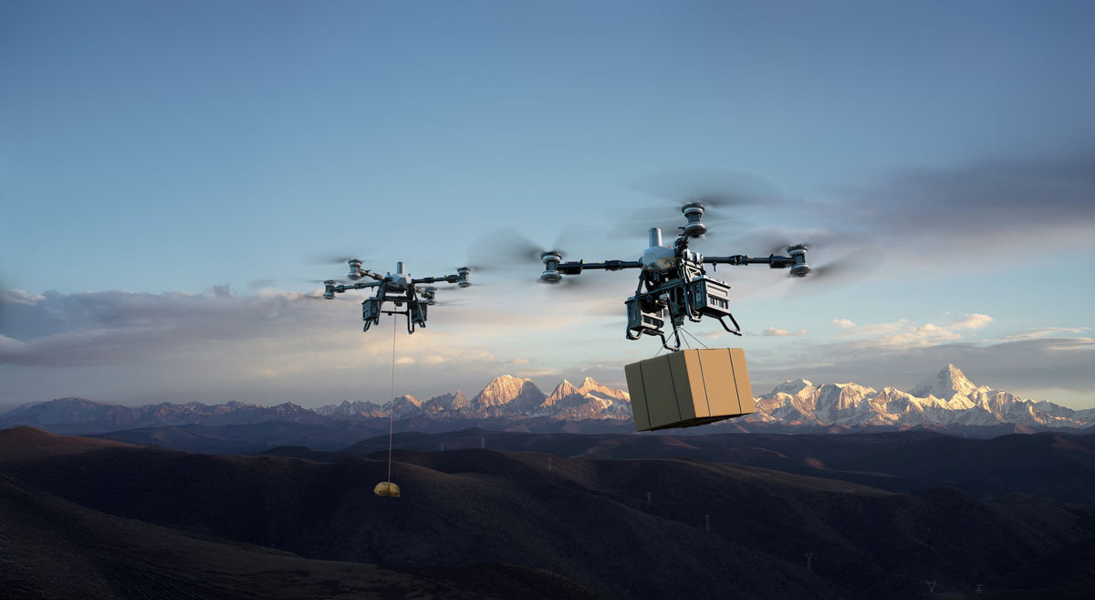 DJI FlyCart 100 mit Paket an der Seilwinde im Flug