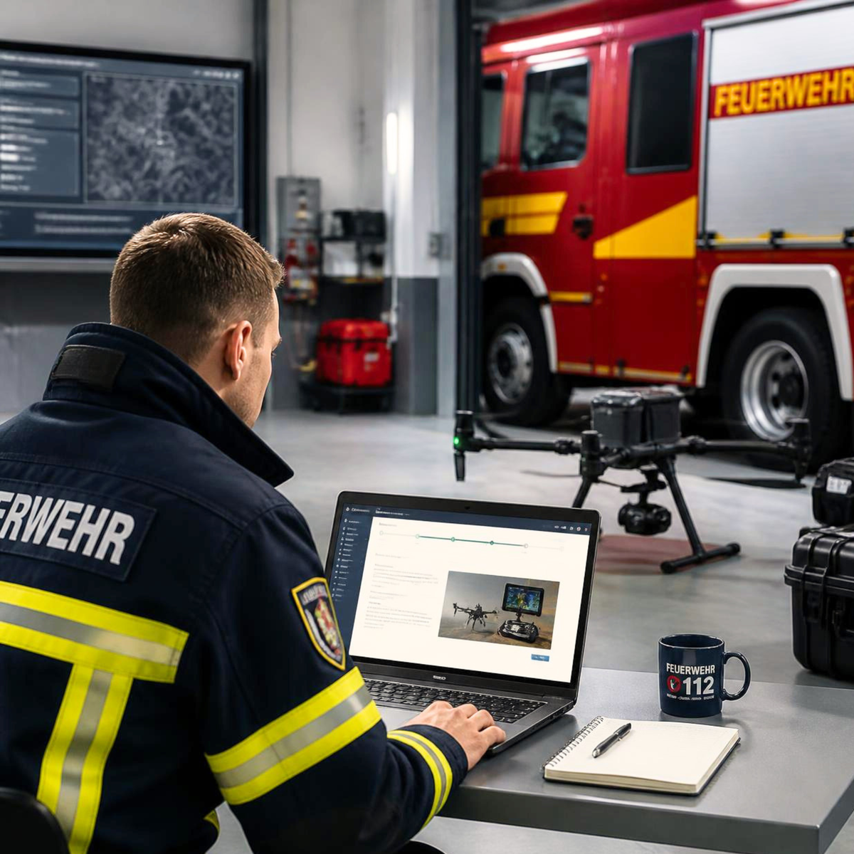 Feuerwehrmann lernt digital mit dem Kurs BOS-Wissen für Fernpiloten