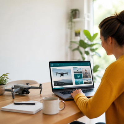 Angehende Drohnenpilotin lernt mit dem Online-Kurs "Drohnen 1x1" am Schreibtisch