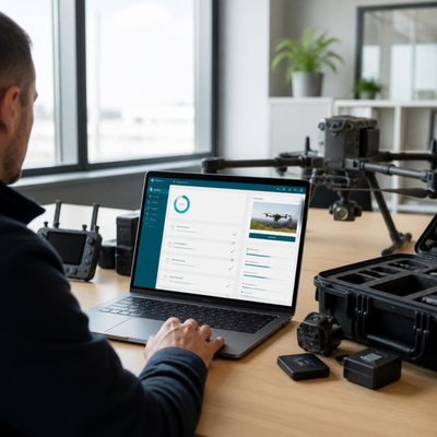 STS-Drohnenpilot macht seine Refresher-Schulung am Laptop